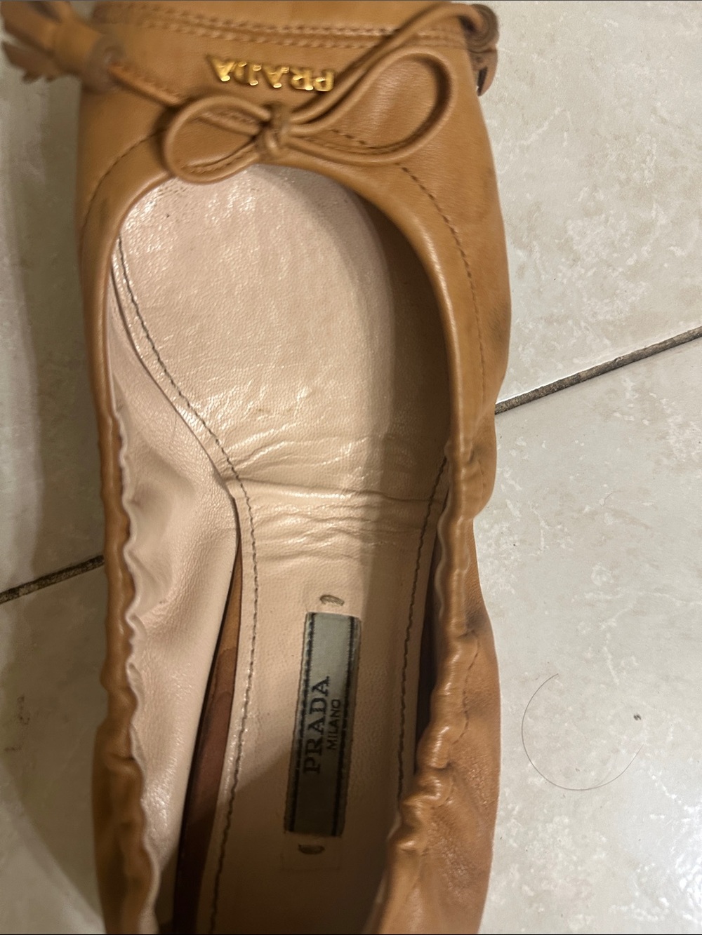 Prada Cognac Leather Ballet Flats with Bow - Picture 3 of 5